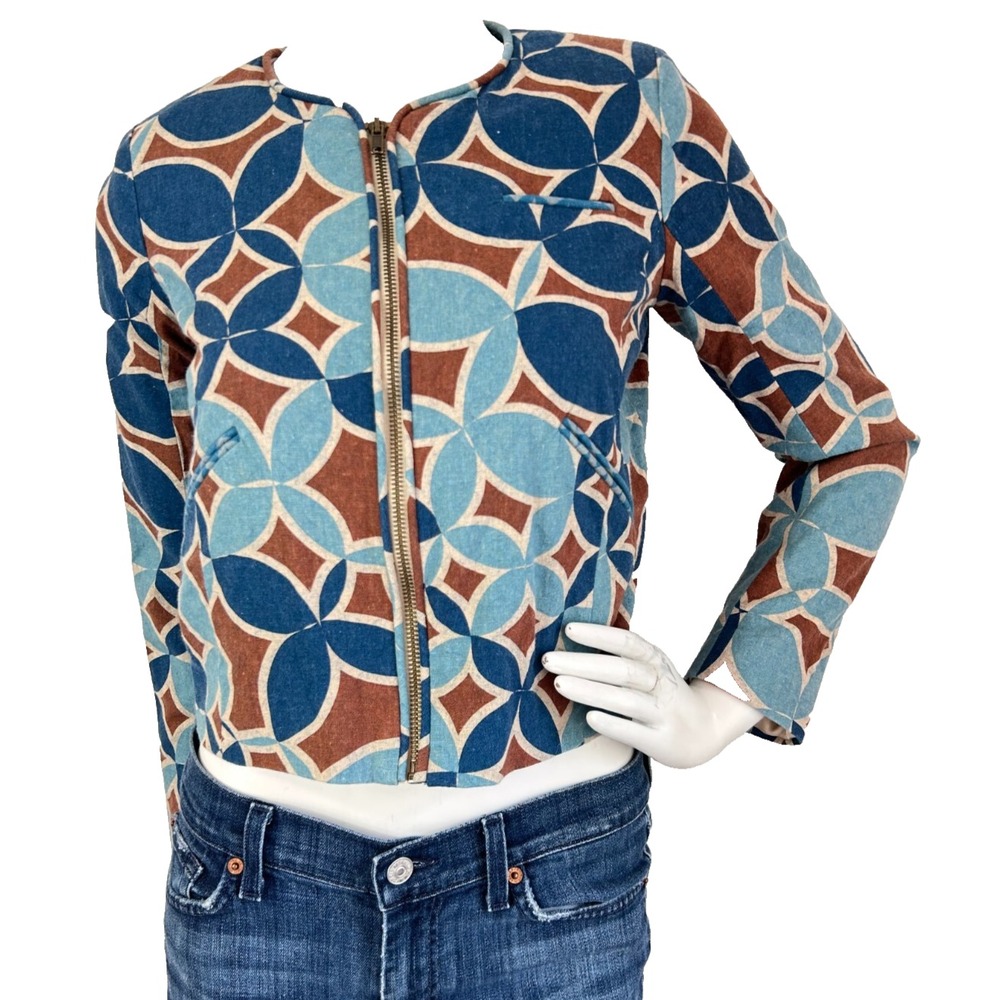Cotelac France Linen Geometric Print Zip Jacket XS Palm Tree Lining French Girl